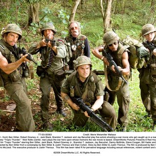 Ben Stiller, Robert Downey Jr., Jack Black, Nick Nolte, Brandon Jackson and Jay Baruchel in DreamWorks Pictures' Tropic Thunder (2008). Photo credit by Merie Weismiller Wallace.