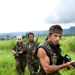 Jack Black, Robert Downey Jr. and Ben Stiller in DreamWorks Pictures' Tropic Thunder (2008). Photo credit by Merie Weismiller Wallace.
