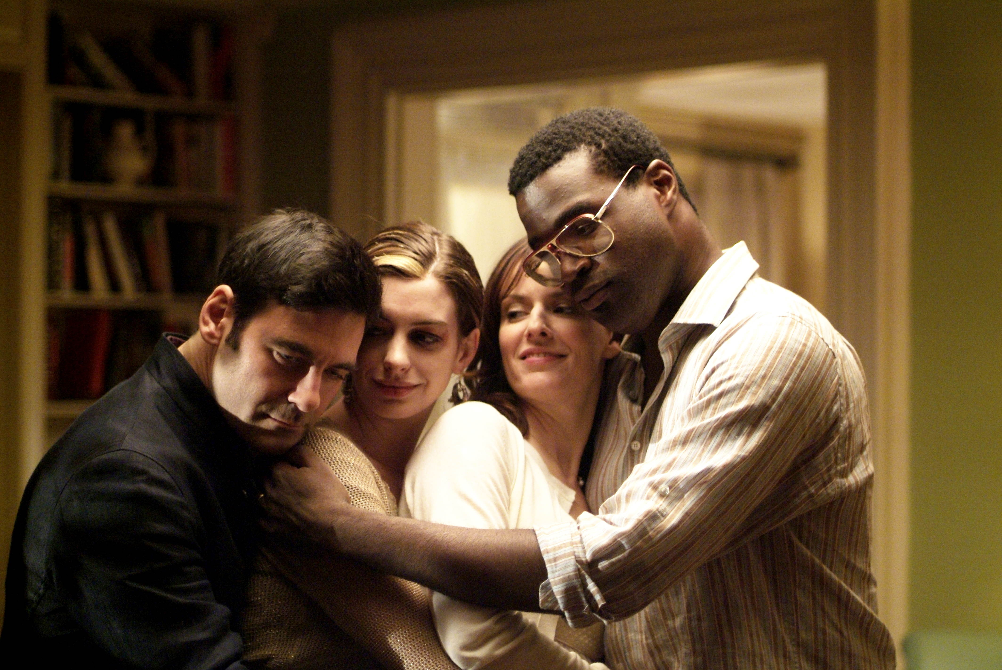 Mather Zickel,Anne Hathaway,Rosemarie DeWitt and Tunde Adebimpe in Sony Pictures Classics' Rachel Getting Married (2008). Photo by Bob Vergara.