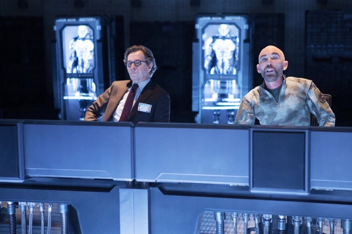 Gary Oldman stars as Dr. Dennett Norton and Jackie Earle Haley stars as Mattox in Columbia Pictures' RoboCop (2014). Photo credit by Kerry Hayes.