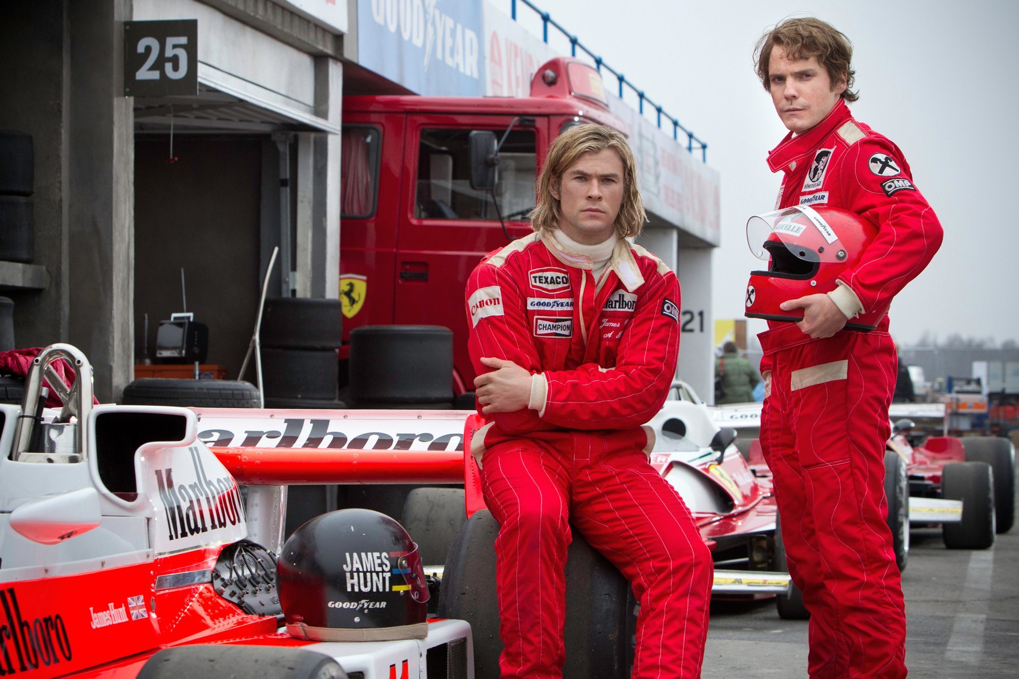 Chris Hemsworth stars as James Hunt and Daniel Bruhl stars as Niki Lauda in Universal Pictures' Rush (2013)