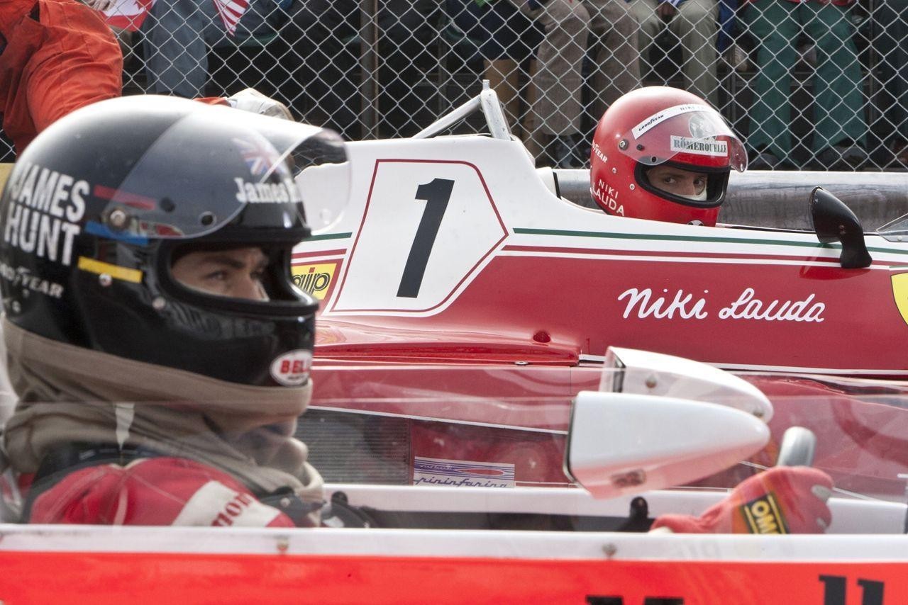 Chris Hemsworth stars as James Hunt and Daniel Bruhl stars as Niki Lauda in Universal Pictures' Rush (2013)