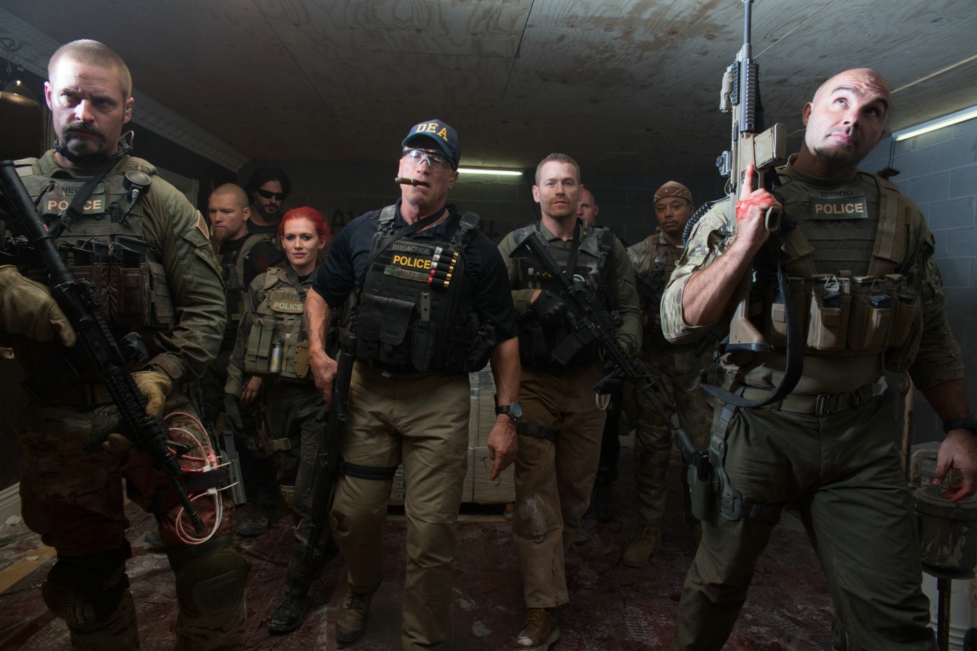 Max Martini, Sam Worthington, Joe Manganiello, Arnold Schwarzenegger, Josh Holloway and Harold Perrineau in Open Road Films' Sabotage (2014)