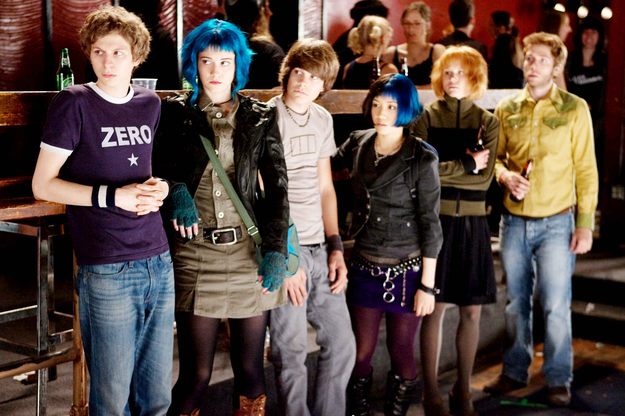 Michael Cera, Mary Elizabeth Winstead, Johnny Simmons, Ellen Wong, Alison Pill and Mark Webber in Universal Pictures' Scott Pilgrim vs. the World (2010)