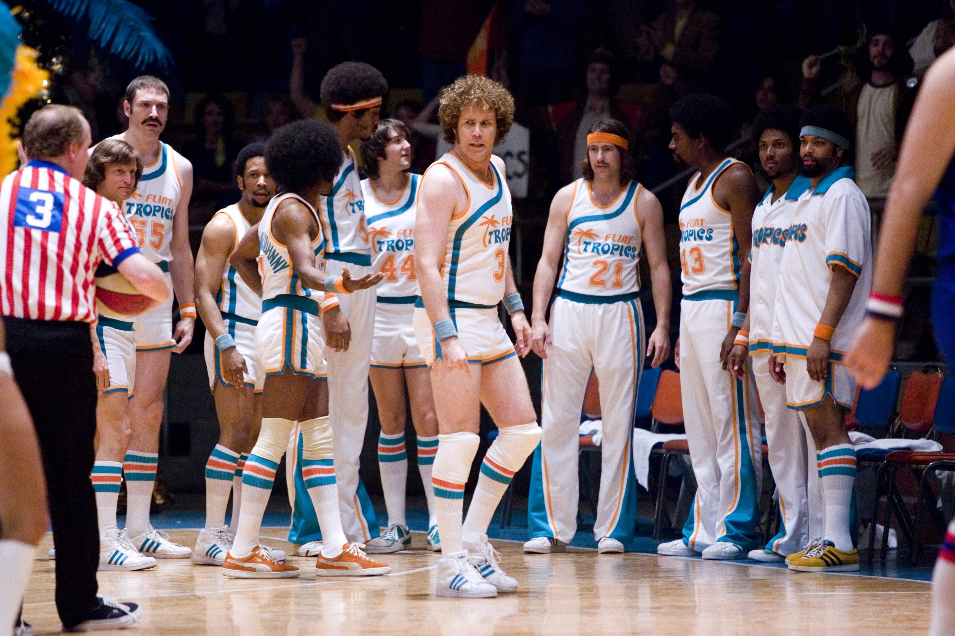 Will Ferrell (center) stars as Jackie Moon, along with his Flint Tropics teammates in New Line Cinema's SEMI-PRO. Photo Credit: Frank Masi.