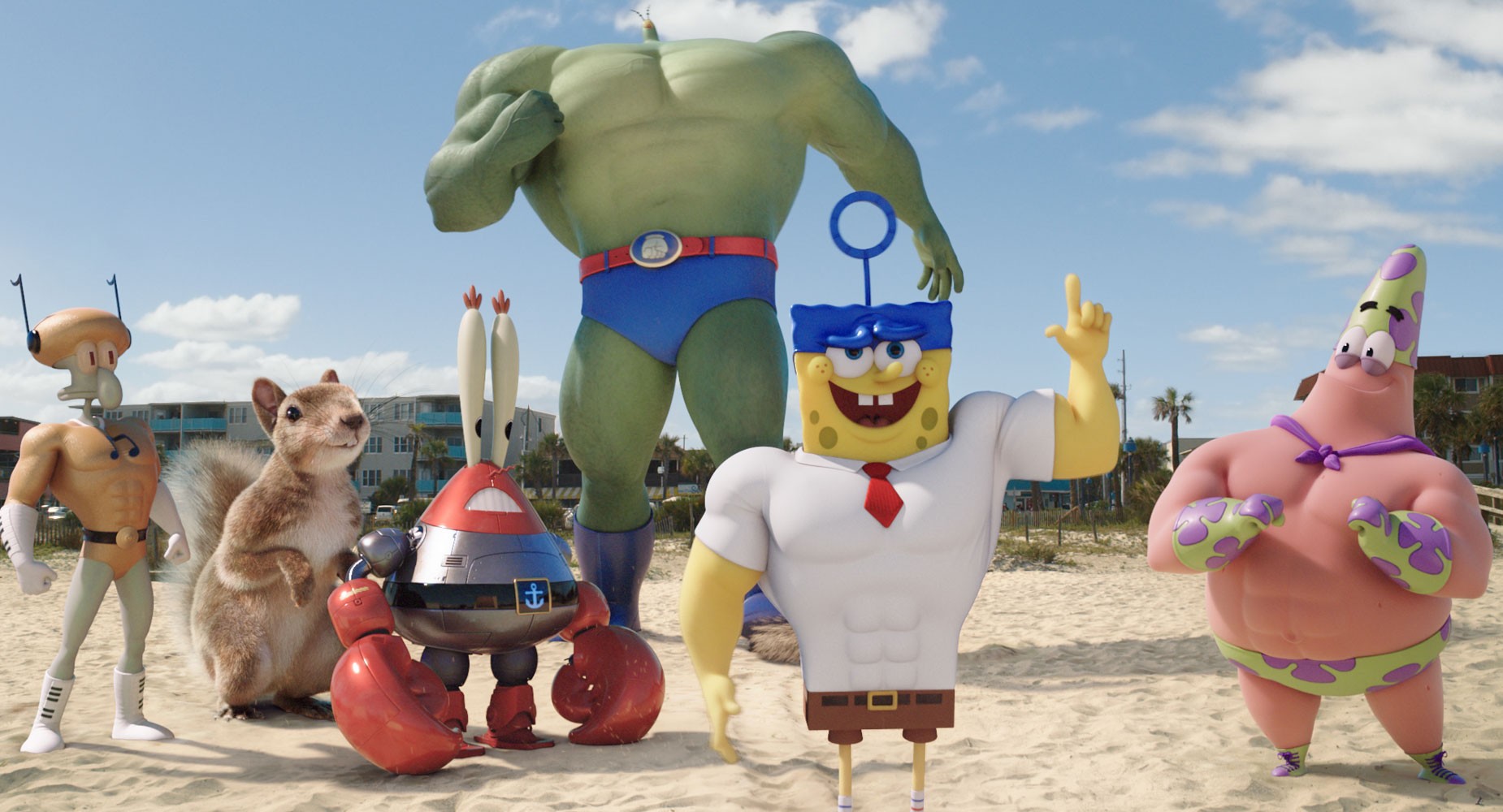 Squidward Tentacles, Sandy, Mr. Krabs, Plankton, SpongeBob SquarePants and Patrick Star in Paramount Pictures' The SpongeBob Movie: Sponge Out of Water (2015)