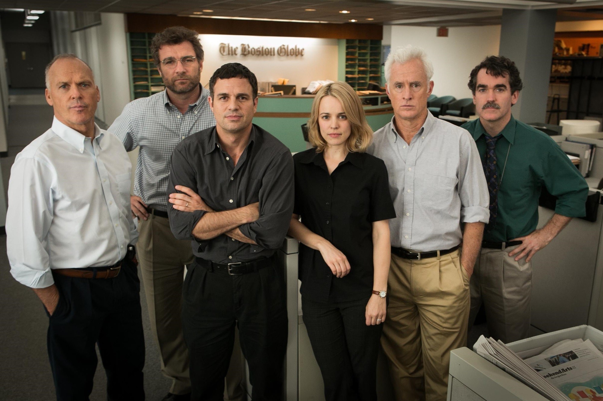 Michael Keaton, Liev Schreiber, Mark Ruffalo, Rachel McAdams, Stanley Tucci and Brian d'Arcy James in Open Road Films' Spotlight (2015)