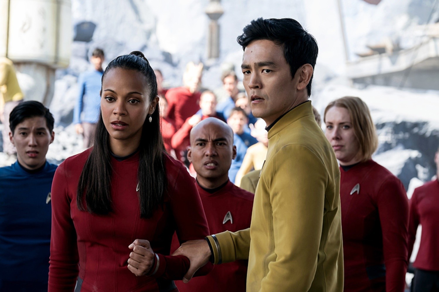 Zoe Saldana stars as Uhura and John Cho stars as Sulu in Paramount Pictures' Star Trek Beyond (2016)