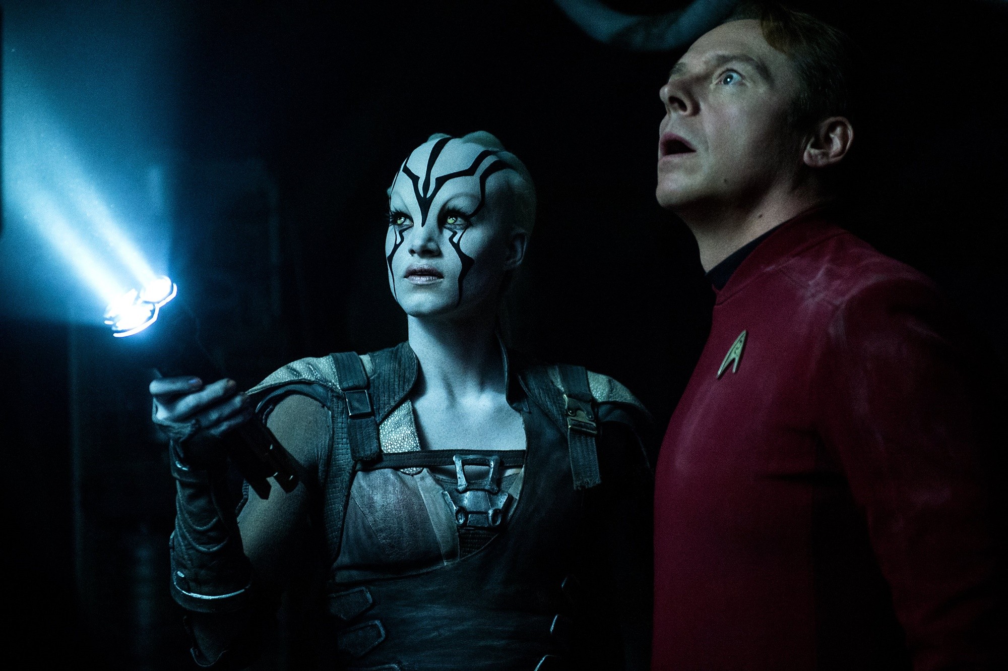 Sofia Boutella stars as Jaylah and Simon Pegg stars as Scotty in Paramount Pictures' Star Trek Beyond (2016)