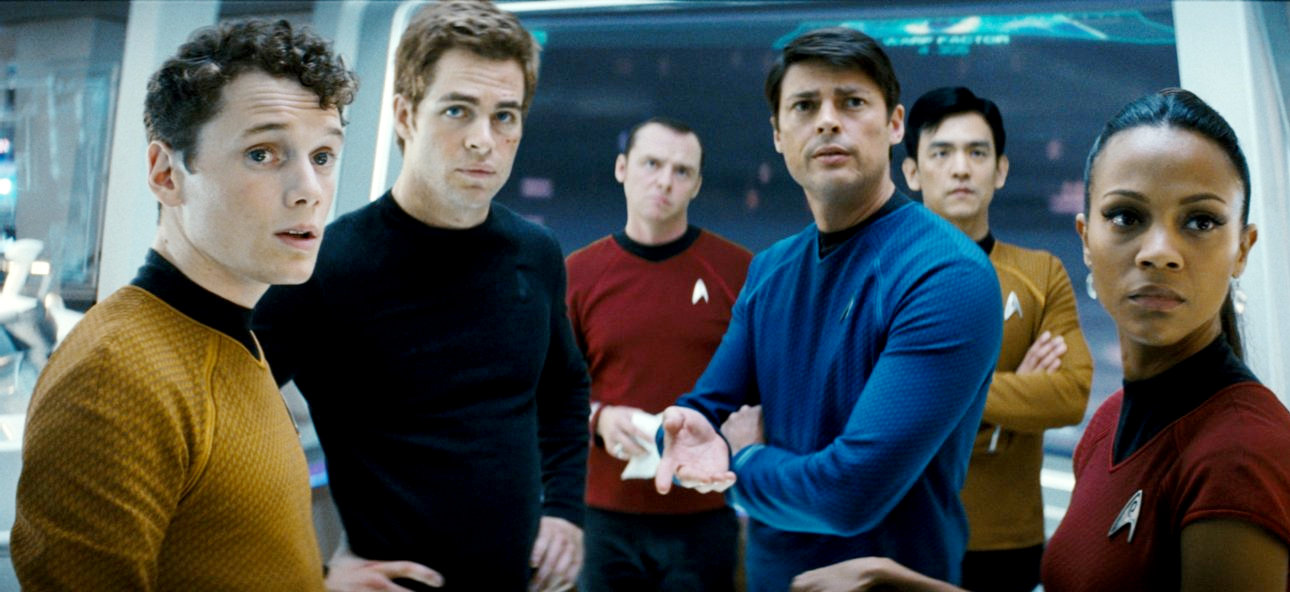 Anton Yelchin, Chris Pine, Simon Pegg, Karl Urban, John Cho and Zoe Saldana in Paramount Pictures' Star Trek (2009)