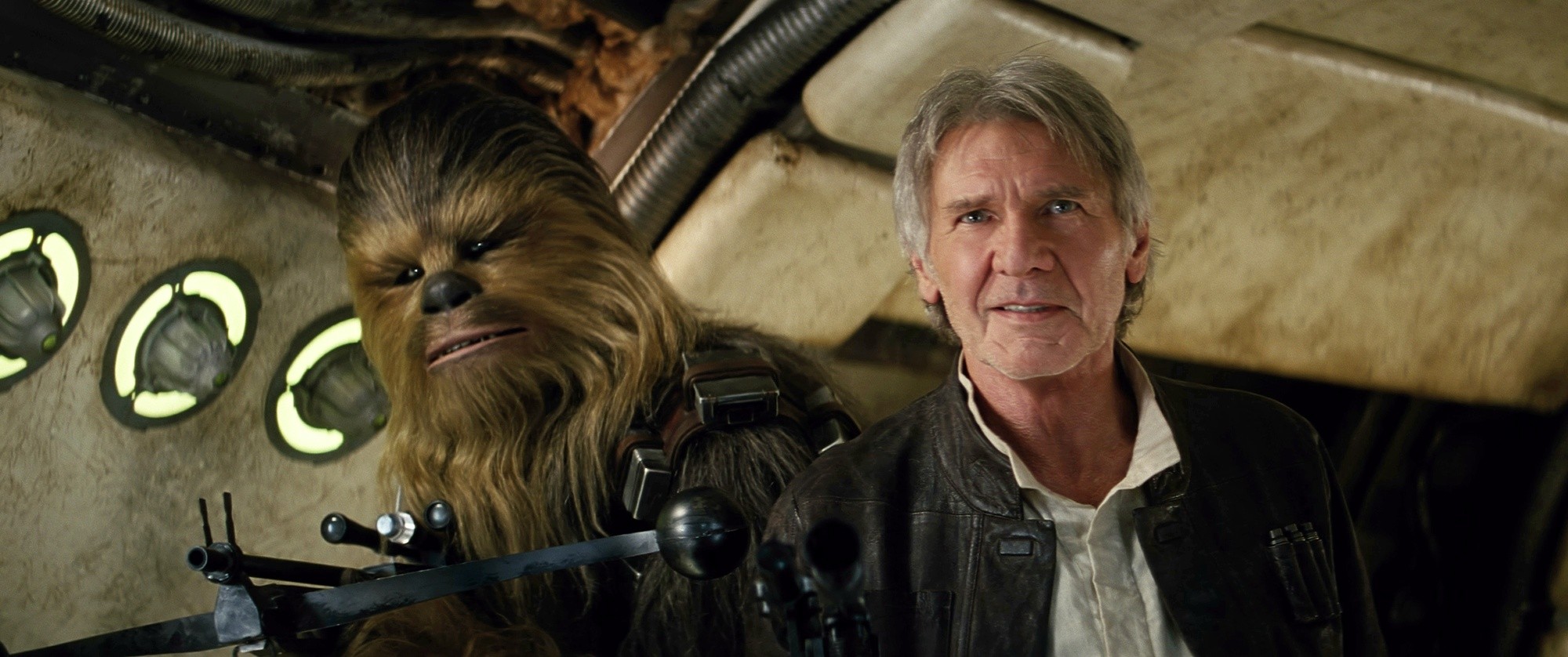 Peter Mayhew stars as Chewbacca and Harrison Ford stars as Han Solo in Walt Disney Pictures' Star Wars: The Force Awakens (2015)