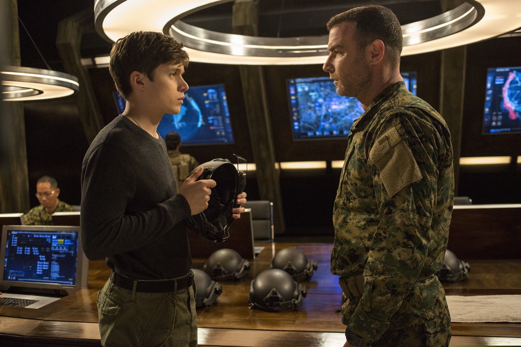 Nick Robinson stars as Ben Parish and Liev Schreiber stars as Colonel Vosch in Columbia Pictures' The 5th Wave (2016)