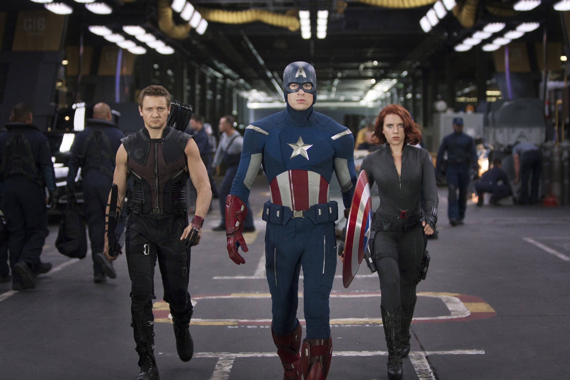 Jeremy Renner, Chris Evans and Scarlett Johansson in Walt Disney Pictures' The Avengers (2012)