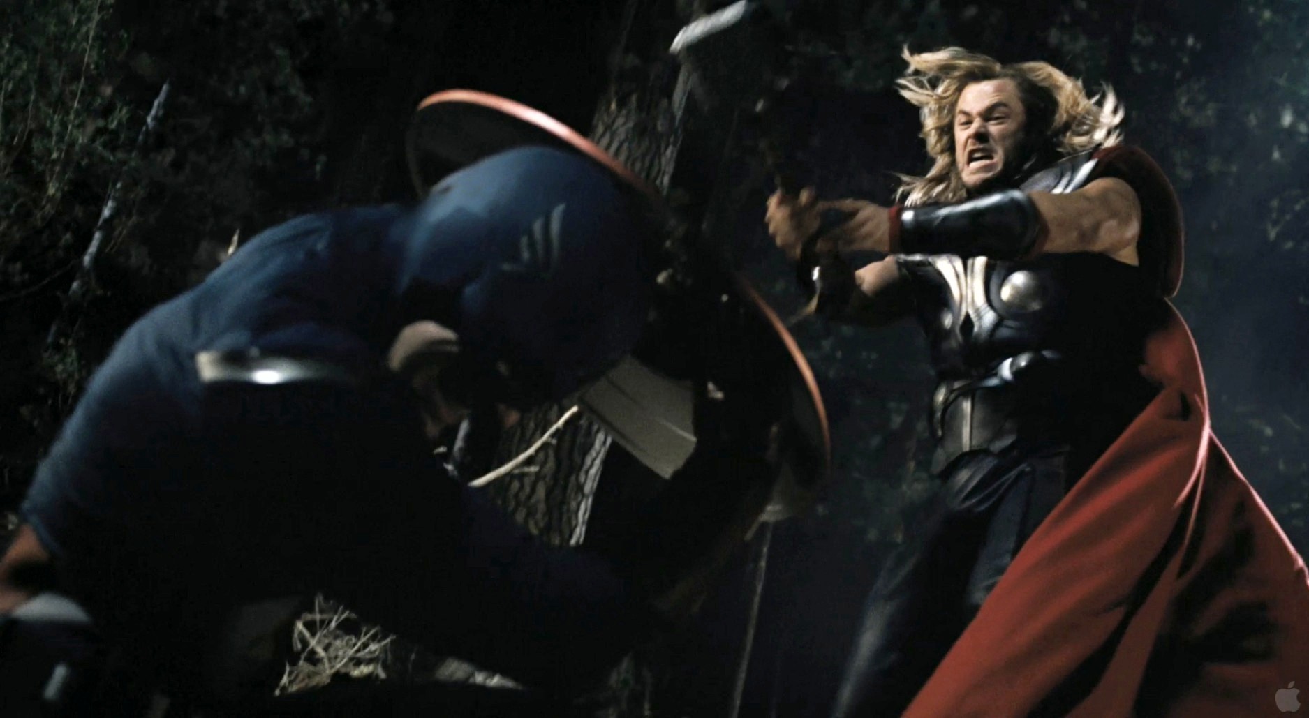 Chris Evans stars as Steve Rogers/Captain America and Chris Hemsworth stars as Thor in Walt Disney Pictures' The Avengers (2012)