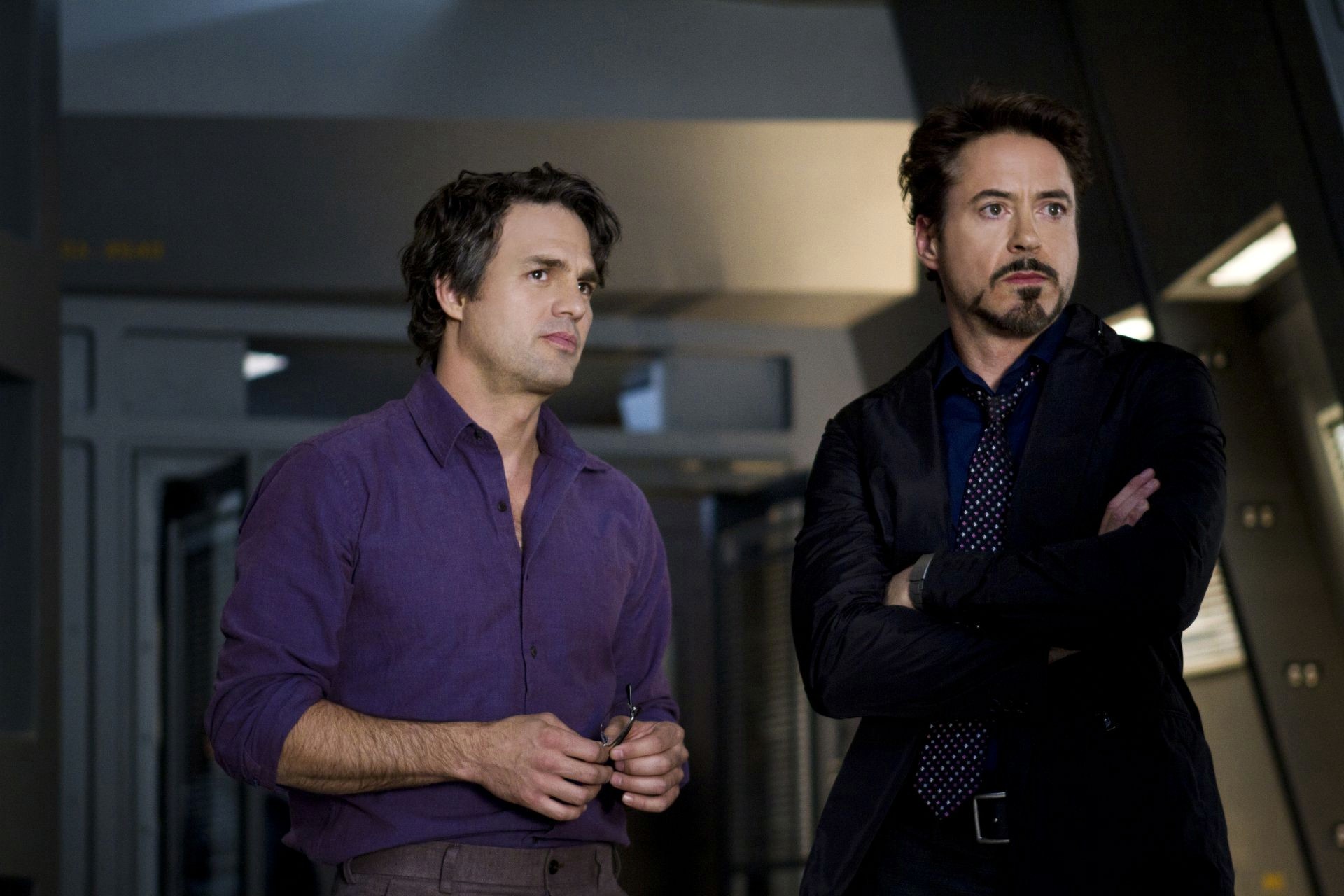 Mark Ruffalo stars as Bruce Banner/The Hulk and Robert Downey Jr. stars as Tony Stark/Iron Man in Walt Disney Pictures' The Avengers (2012)