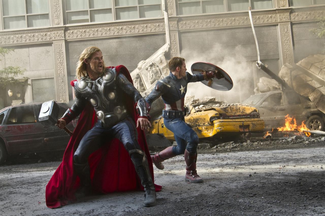 Chris Hemsworth stars as Thor and Chris Evans stars as Steve Rogers/Captain America in Walt Disney Pictures' The Avengers (2012)