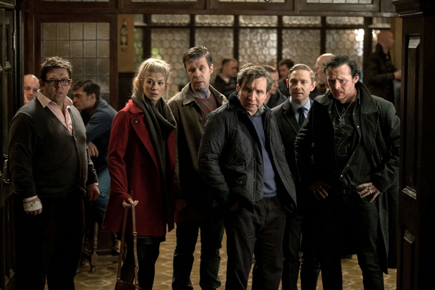 Nick Frost, Rosamund Pike, Paddy Considine, Eddie Marsan, Martin Freeman and Simon Pegg in Focus Features' The World's End (2013)