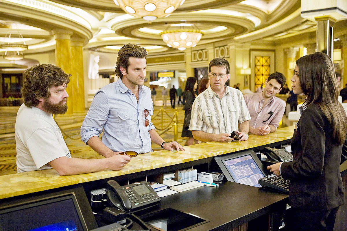 Zach Galifianakis, Bradley Cooper, Ed Helms and Justin Bartha in Warner Bros. Pictures' The Hangover (2009)