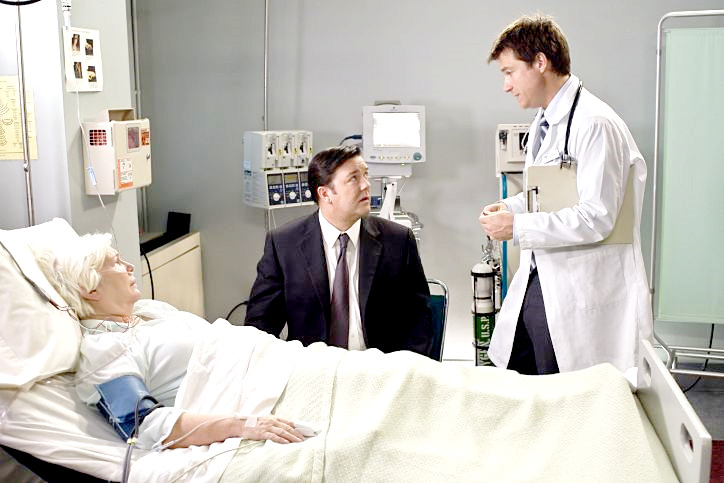 Fionnula Flanagan, Ricky Gervais and Jason Bateman in Warner Bros. Pictures' The Invention of Lying (2009)
