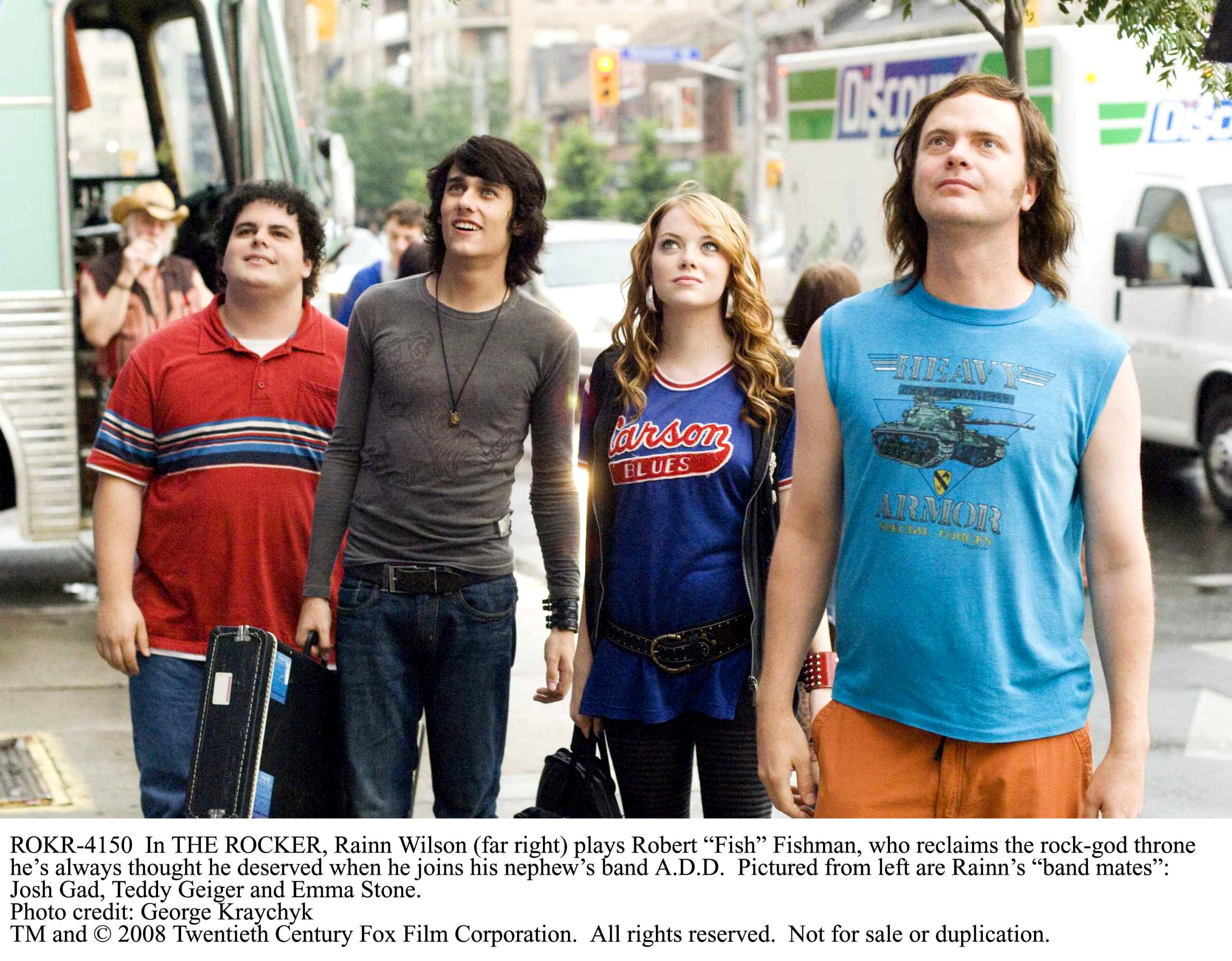 Josh Gad, Teddy Geiger, Emma Stone, and Rainn Wilson in 20th Century Fox's (2008). Photo credit by George Kraychyk.