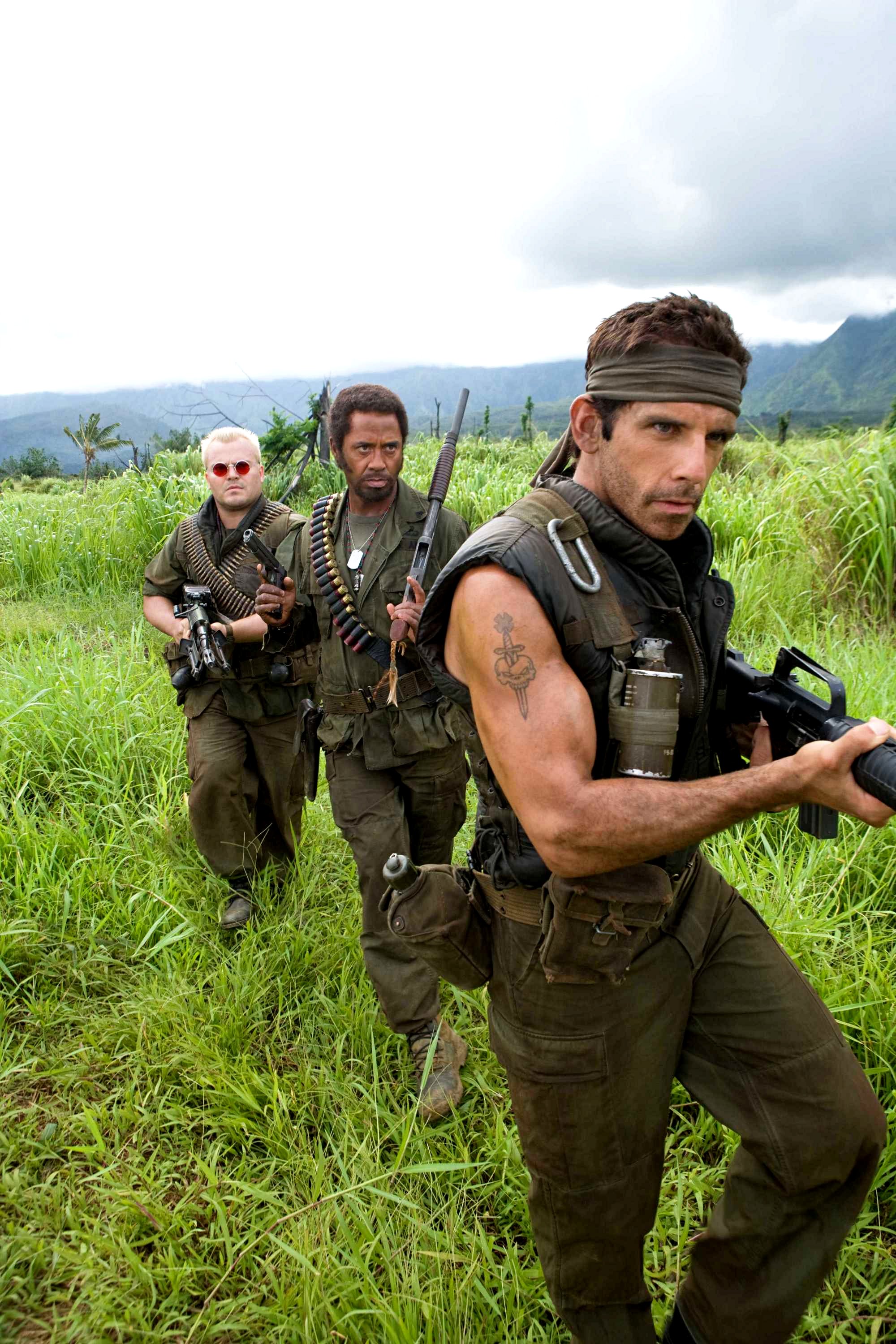 Jack Black, Robert Downey Jr. and Ben Stiller in DreamWorks Pictures' Tropic Thunder (2008). Photo credit by Merie Weismiller Wallace.