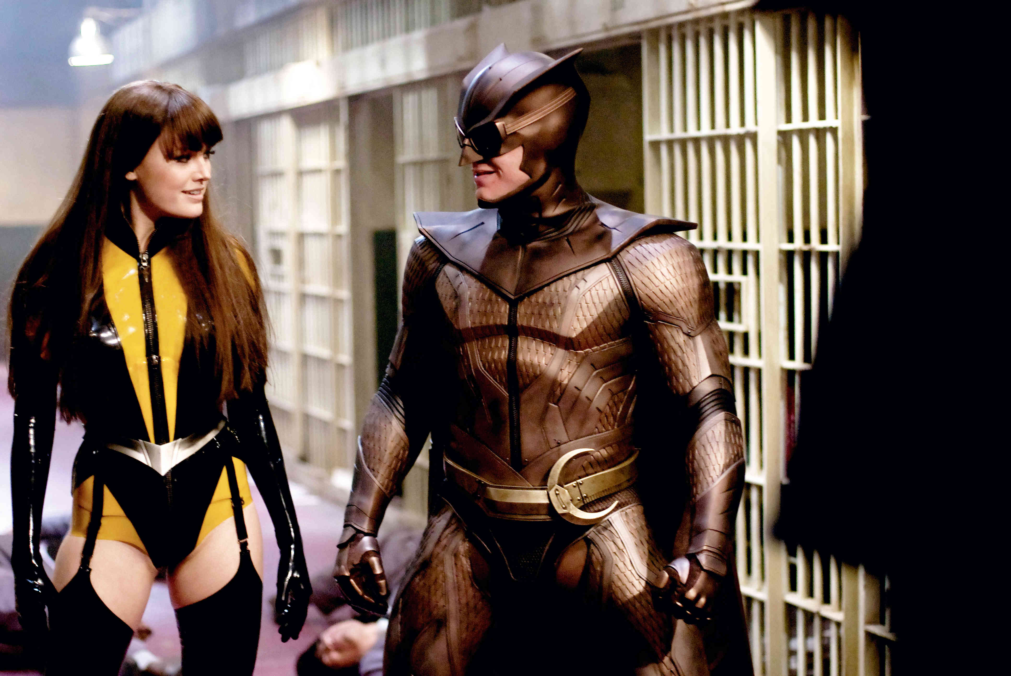 Malin Akerman as Laurie Juspeczyk, aka Silk Spectre and Patrick Wilson as Dan Dreiberg, aka Nite Owl in Warner Bros Films' Watchmen (2009)