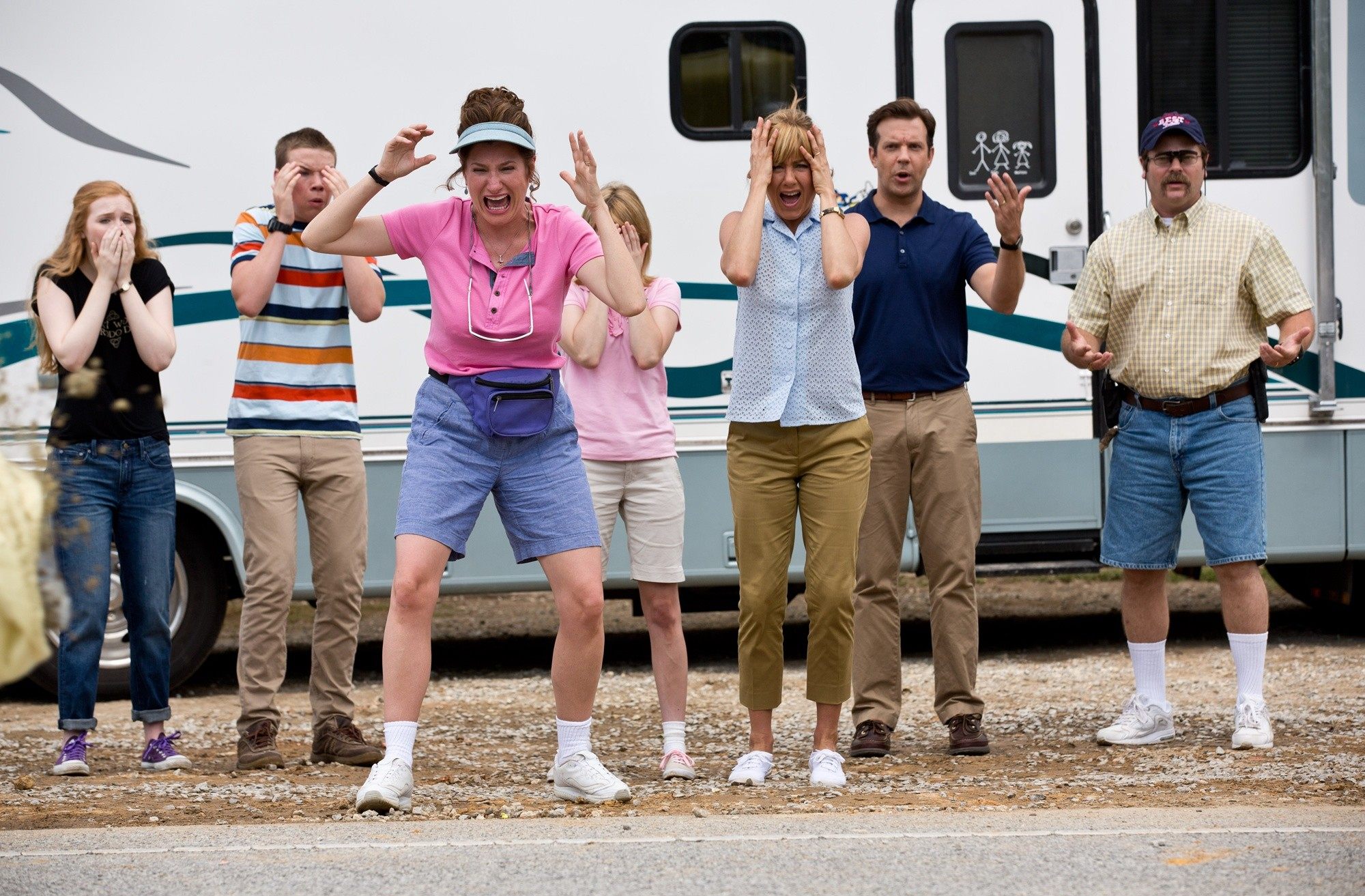 Molly C. Quin, Will Poulter, Kathryn Hahn, Emma Roberts, Jennifer Aniston, Jason Sudeikis and Nick Offerman in Warner Bros. Pictures' We're the Millers (2013)