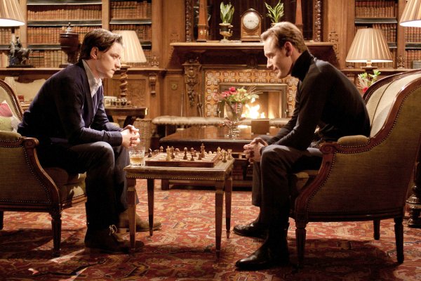 James McAvoy stars as Professor Charles Xavier and Michael Fassbender stars as Erik Lehnsherr/Magneto in 20th Century Fox's X-Men: First Class (2011)