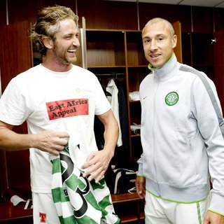 Gerard Butler, Henrik Larsson in The John Kennedy Testimonial Match Between Celtic and Manchester United
