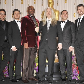 Robert Downey Jr., Jeremy Renner, Samuel L. Jackson, Claudio Miranda, Mark Ruffalo, Chris Evans in The 85th Annual Oscars - Press Room