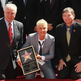 Tom LaBonge, Ellen DeGeneres, Leron Gubler in Ellen DeGeneres Is Honored with A Star on The Hollywood Walk of Fame
