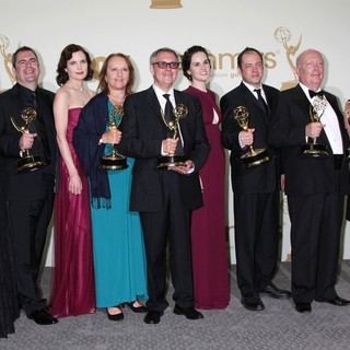 Joanne Froggatt, Michelle Dockery, Julian Fellowes in The 63rd Primetime Emmy Awards - Press Room