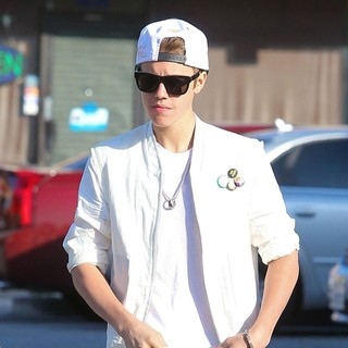 Justin Bieber in Justin Bieber Wears A White Jacket and Matching Baseball Cap While Out and About in Beverly Hills
