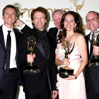 Phil Keoghan, Jerry Bruckheimer, Bertram van Munster, Elise Doganieri, Jonathan Littman in The 63rd Primetime Emmy Awards - Press Room