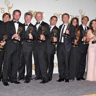 Phil Keoghan, Elise Doganieri, Bertram van Munster, Jerry Bruckheimer, Jonathan Littman in The 63rd Primetime Emmy Awards - Press Room