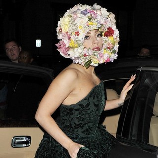 Lady GaGa in Lady GaGa Leaving Her Hotel Wearing A Green Dress and A Headpiece Made of Flowers