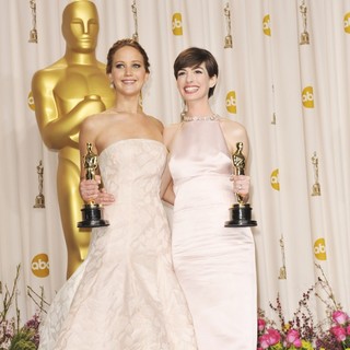 Jennifer Lawrence, Anne Hathaway in The 85th Annual Oscars - Press Room