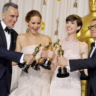Daniel Day-Lewis, Jennifer Lawrence, Anne Hathaway, Christoph Waltz in The 85th Annual Oscars - Press Room