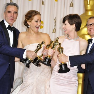 Daniel Day-Lewis, Jennifer Lawrence, Anne Hathaway, Christoph Waltz in The 85th Annual Oscars - Press Room