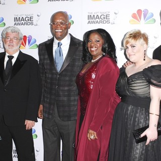Mellody Hobson, George Lucas, Samuel L. Jackson, LaTanya Richardson, Katie Lucas in The 43rd Annual NAACP Awards - Arrivals