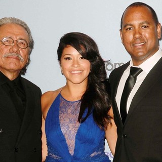 Edward James Olmos, Gina Rodriguez, Michael D. Olmos in 2012 NCLR ALMA Awards - Press Room