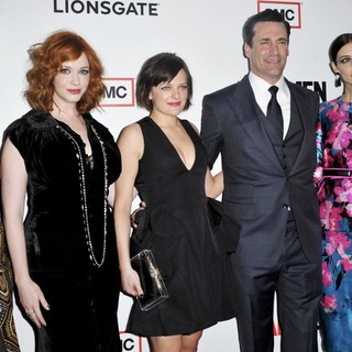 Teyonah Parris, Christina Hendricks, Elisabeth Moss, Jon Hamm, Jessica Pare in AMC's Mad Men - Season 6 Premiere