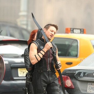 Scarlett Johansson, Jeremy Renner in On The Film Set of The Avengers