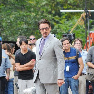 Robert Downey Jr. in Actors on The Set of The Avengers Shooting on Location in Manhattan