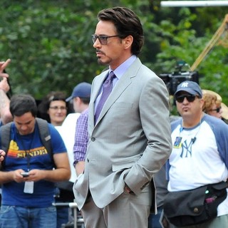 Robert Downey Jr. in Actors on The Set of The Avengers Shooting on Location in Manhattan