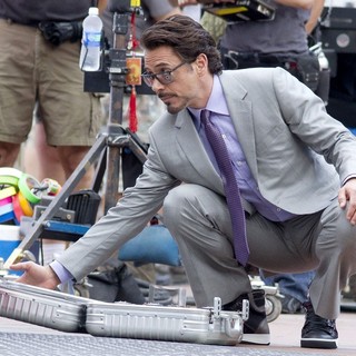 Robert Downey Jr. in Actors on The Set of The Avengers Shooting on Location in Manhattan