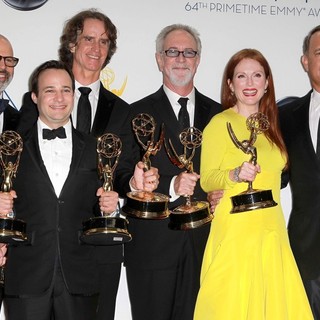 Steven Shareshian, Danny Strong, Jay Roach, Gary Goetzman, Julianne Moore, Tom Hanks in 64th Annual Primetime Emmy Awards - Press Room