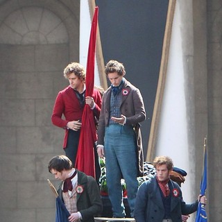 Aaron Tveit, Eddie Redmayne in On The Set of Les Miserables
