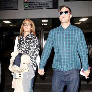 Ayda Field, Robbie Williams in Robbie Williams with His Blue Suede Shoes and Blue Checked Shirt Arrives in LA with Ayda Field