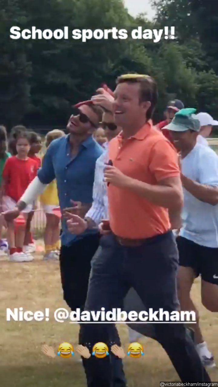 David Beckham joins bean bag race during sports day at daughter harper's school